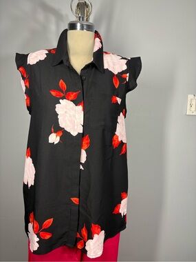 Simon Chang Black Button-Down Top with Pink and Red Floral Print
